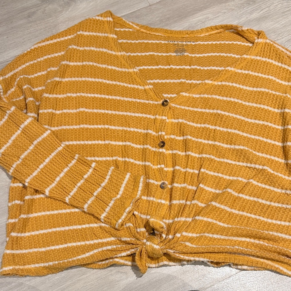 American Eagle Soft and Sexy Plush Yellow Striped Button-Up Cardigan